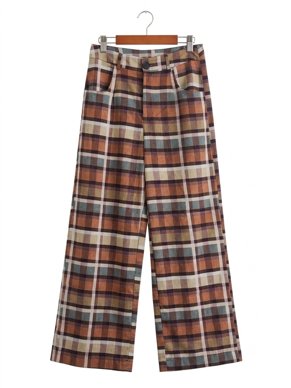 Vintage 70s Style Brown Plaid Wide Leg Trousers High Waisted